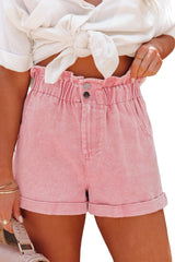 Dusty Pink Vintage Washed Frilled High Waist Denim Shorts