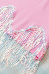 Pink Casual Fringe Sequin Hem Cropped T Shirt