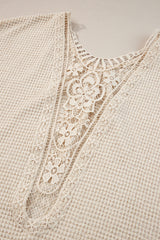 Oatmeal Guipure Lace Splicing Back Waffle Textured T-shirt