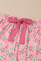 Pink Christmas Candy Cane Print Knotted Pajama Set