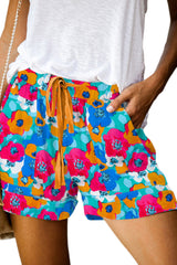 Multicolor Floral Print Drawstring Elastic Waist Shorts