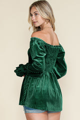 Blackish Green Smocked Ribbed Velvet Babydoll Top