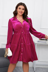 Rose Red Plus Size Velvet Long Sleeve Button-Up Tiered Dress