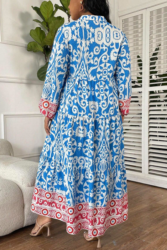 Sky Blue Ethnic Floral Print Notch Neck Plus Size Dress