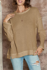 Khaki Plain Waffle Knit Drop Sleeve Side Slits Oversized Top