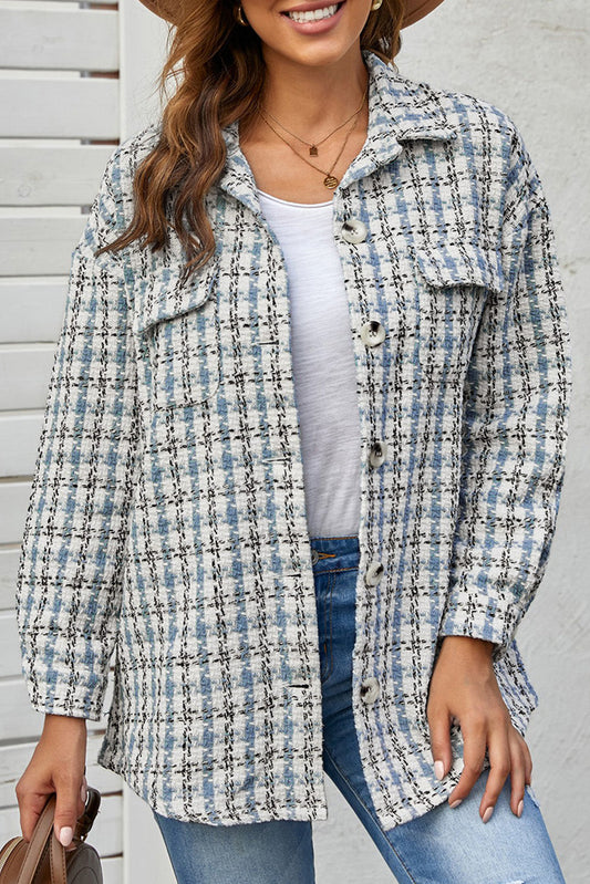 Sky Blue Plaid Print Button Knitted Jacket with Pocket