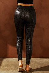 Black Casual Shiny Leopard Print Cropped Leggings