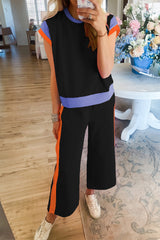 Sky Blue Colorblock Cap Sleeve Tee & Wide Leg Pants Set