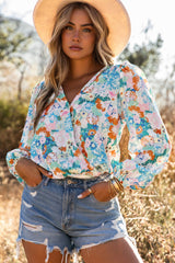 Light Blue Floral Print Boho Wrap V Neck Puff Sleeve Bodysuit