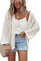 Black Hollow Out Crochet Knit Drop Shoulder Open Front Cardigan