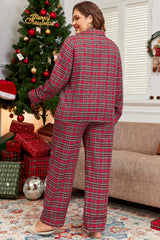 Red Plaid Print Shirt and Drawstring Pants Plus Size Pajama Set