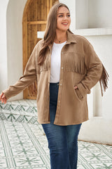 Plus Size Fringe Trim Snap Down Long Sleeve Shacket