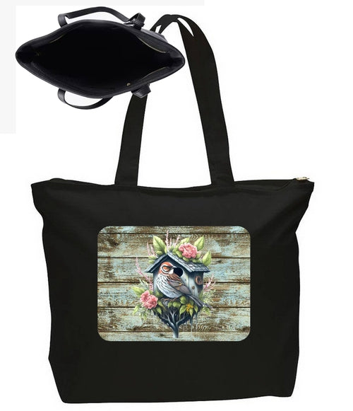 Colorful Bird House & Flowers Large New Zipper Tote Bag