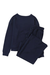 Navy Blue Textured Loose Slouchy Long Sleeve Top and Pants Set