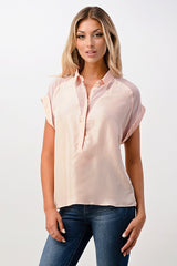 Silk Short Sleeve V Neck Blouse Top