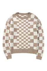 Khaki Checkered Drop Shoulder Round Neck Sweater