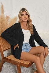 Black Hollow Out Crochet Knit Drop Shoulder Open Front Cardigan