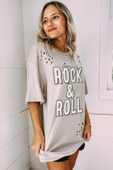 Gray Rock & Roll Graphic Ripped Oversized Tee