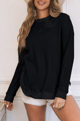 Black Crew Neck Ribbed Trim Knit Long Sleeve Top