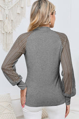 Black Basic Crew Neck Dressy Striped Mesh Long Sleeve Top