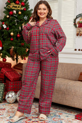 Red Plaid Print Shirt and Drawstring Pants Plus Size Pajama Set