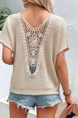 Oatmeal Guipure Lace Splicing Back Waffle Textured T-shirt