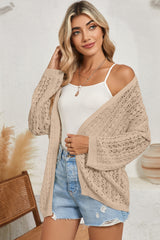 Black Hollow Out Crochet Knit Drop Shoulder Open Front Cardigan