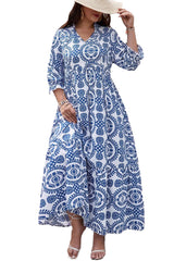 Sky Blue Ethnic Geometric Print Notch Neck Plus Size Maxi Dress