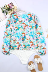 Light Blue Floral Print Boho Wrap V Neck Puff Sleeve Bodysuit