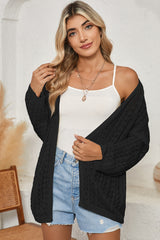 Black Hollow Out Crochet Knit Drop Shoulder Open Front Cardigan