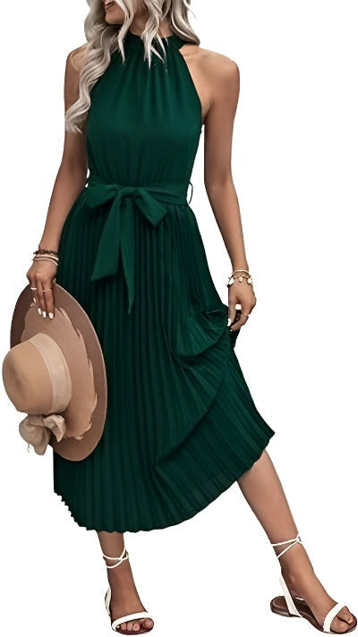 Women's 2023 Summer Sleeveless Halter Neck Pleated Midi Cocktail Dress