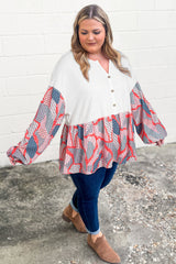 Apricot Plus Size Patchwork Textured Buttoned Blouse