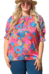 Rose Plus Size Floral Print Frill Neck Smocked Puff Sleeve Blouse