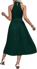 Women's 2023 Summer Sleeveless Halter Neck Pleated Midi Cocktail Dress