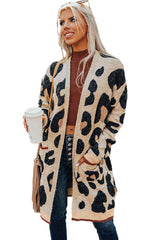 Leopard Print Open Front Pockets Midi Cardigan