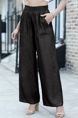 Black Side Pockets Frilled Smocked High Waist Wide Leg Jeans