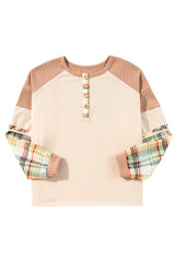 Parchment Plus Size Plaid Waffle Patchwork Henley Top