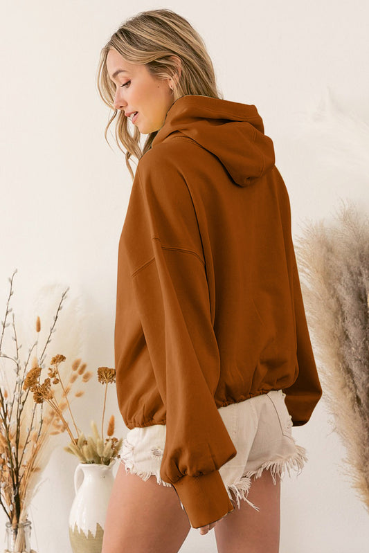 Brown Half Zip Pullover Hoodie with Kangaroo Pocket