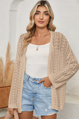 Black Hollow Out Crochet Knit Drop Shoulder Open Front Cardigan