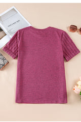 Gray Ribbed Splicing Short Sleeve Round Neck T-shirt