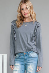 Dark Grey Solid Color Ruffle Long Sleeve Top