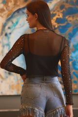 Black Rhinestone Mesh Mock Neck Top