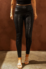 Black Casual Shiny Leopard Print Cropped Leggings