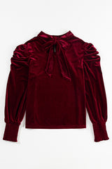 Red Mock Keyhole Neck Puff Sleeve Velvet Blouse