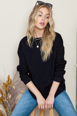 Black Crew Neck Ribbed Trim Knit Long Sleeve Top