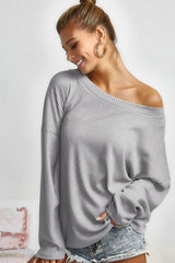 Grey Waffle Knit Cinched Backless Drop Shoulder Long Sleeve Top