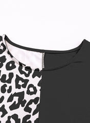 Black Leopard Print Color Block Rolled Up Sleeve Casual T Shirt