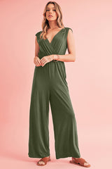 Black Deep V Pocketed Pleated Wide Leg Jumpsuit