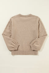 Smoke Gray Pearl Drop Shoulder Round Neck Sweater