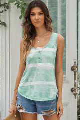 Green Tie Dyed Buttoned Round Neck Tank Top